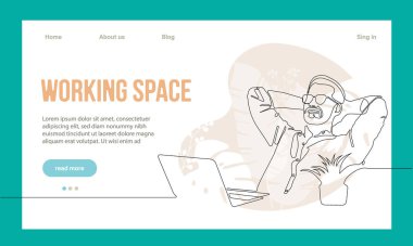 Coworking Space Landing Page Flat Cartoon Template. Freelancers Team Working Online on Laptop. Business People Sharing Open Workspace. Outline Vector Illustration