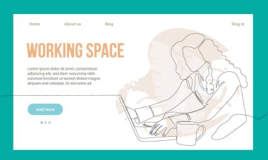 Coworking Space Landing Page Flat Cartoon Template. Freelancers Team Working Online on Laptop. Business People Sharing Open Workspace. Outline Vector Illustration