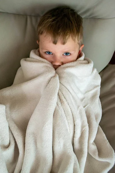 Cold Season Frozen Preschool Boy Covered Warm Plaid Spend Time — Stock Photo, Image