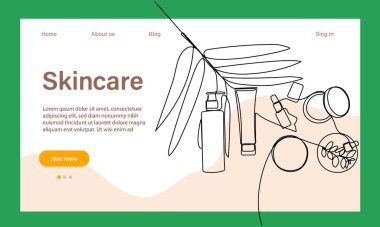 Deri bakımı konsepti. İniş sayfası şablonu. Sabah rutini. Banyo zamanı. Doğal bitkisel cilt bakım ürünleri ve vücut bakımı için organik ürünler, üst görünüm. Vektör illüstrasyonu