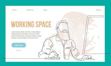 Coworking Space Landing Page Flat Cartoon Template. Freelancers Team Working Online on Laptop. Business People Sharing Open Workspace. Outline Vector Illustration