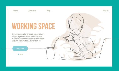 Coworking Space Landing Page Flat Cartoon Template. Freelancers Team Working Online on Laptop. Business People Sharing Open Workspace. Outline Vector Illustration