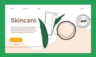 Deri bakımı konsepti. İniş sayfası şablonu. Sabah rutini. Banyo zamanı. Doğal bitkisel cilt bakım ürünleri ve vücut bakımı için organik ürünler, üst görünüm. Vektör illüstrasyonu