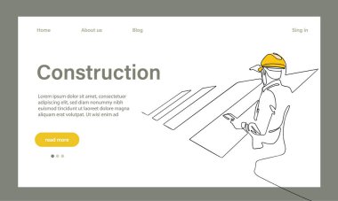 Mimarinin taşıyıcı iniş sayfası makine endüstriyel fabrikasında güvenlik için koruyucu yüz maskeleriyle çalışıyor. Minimum dizaynınız için sürekli bir çizgi çizimi