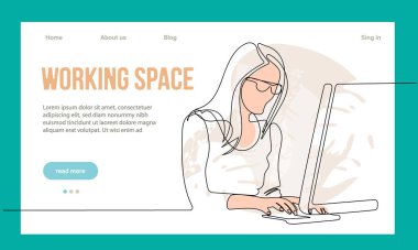 Coworking Space Landing Page Flat Cartoon Template. Freelancers Team Working Online on Laptop. Business People Sharing Open Workspace. Outline Vector Illustration