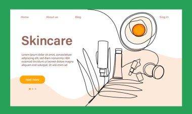 Deri bakımı konsepti. İniş sayfası şablonu. Sabah rutini. Banyo zamanı. Doğal bitkisel cilt bakım ürünleri ve vücut bakımı için organik ürünler, üst görünüm. Vektör illüstrasyonu