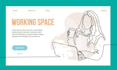 Coworking Space Landing Page Flat Cartoon Template. Freelancers Team Working Online on Laptop. Business People Sharing Open Workspace. Outline Vector Illustration