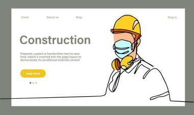 Mimarinin taşıyıcı iniş sayfası makine endüstriyel fabrikasında güvenlik için koruyucu yüz maskeleriyle çalışıyor. Minimum dizaynınız için sürekli bir çizgi çizimi