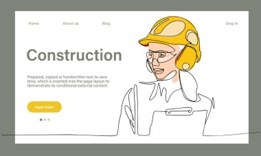 Vector landing page of architecture works with protective face masks for safety in machine industrial factory. Continuous one line drawing for your minimal design