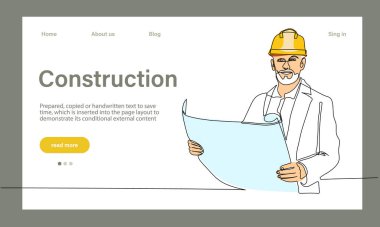 Mimarinin taşıyıcı iniş sayfası makine endüstriyel fabrikasında güvenlik için koruyucu yüz maskeleriyle çalışıyor. Minimum dizaynınız için sürekli bir çizgi çizimi