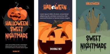 Cadılar Bayramı bayrağınız kutlu olsun ya da gece bulutları ve balkabaklarıyla parti geçmişiniz kutlu olsun. Vektör çizimi. Gökyüzünde dolunay, örümcek ağları ve uçan yarasalar. Metin için yer