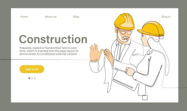 Mimarinin taşıyıcı iniş sayfası makine endüstriyel fabrikasında güvenlik için koruyucu yüz maskeleriyle çalışıyor. Minimum dizaynınız için sürekli bir çizgi çizimi