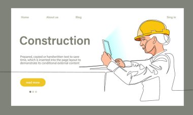 Mimarinin taşıyıcı iniş sayfası makine endüstriyel fabrikasında güvenlik için koruyucu yüz maskeleriyle çalışıyor. Minimum dizaynınız için sürekli bir çizgi çizimi