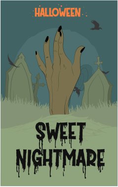 Cadılar Bayramı bayrağınız kutlu olsun ya da gece bulutları ve balkabaklarıyla parti geçmişiniz kutlu olsun. Vektör çizimi. Gökyüzünde dolunay, örümcek ağları ve uçan yarasalar. Metin için yer