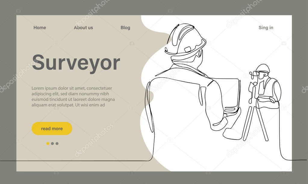 Surveyor web banner or landing page. Land surveying technology, geodesy science. Construction business, mapmaking and real estate project. Flat vector illustration. Vector illustration