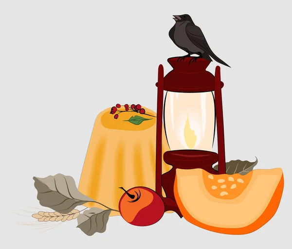 Happy Thanksgiving holiday vector design template for websites, posters, banners. Happy Thanksgiving with traditional food, turkey, pies, pumpkins and fruits. Vector website template