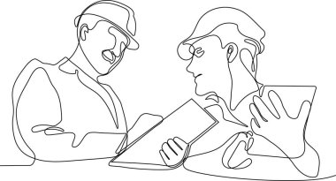 İnşaat müdürü ve mühendisi inşaat alanında çalışıyor. Vektör illüstrasyonu