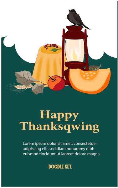 Happy Thanksgiving holiday vector design template for websites, posters, banners. Happy Thanksgiving with traditional food, turkey, pies, pumpkins and fruits. Vector website template