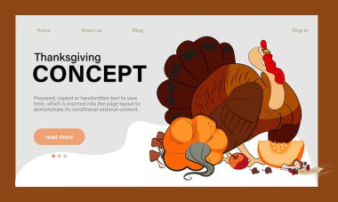 Web siteleri, posterler ve afişler için Şükran Günü vektör tasarım şablonu kutlu olsun. Geleneksel yemekler, hindi, turta, balkabağı ve meyvelerle mutlu Şükran Günleri. Vektör web sitesi şablonu