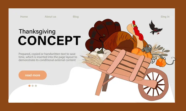 Happy Thanksgiving holiday vector design template for websites, posters, banners. Happy Thanksgiving with traditional food, turkey, pies, pumpkins and fruits. Vector website template