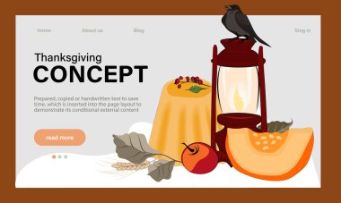 Web siteleri, posterler ve afişler için Şükran Günü vektör tasarım şablonu kutlu olsun. Geleneksel yemekler, hindi, turta, balkabağı ve meyvelerle mutlu Şükran Günleri. Vektör web sitesi şablonu