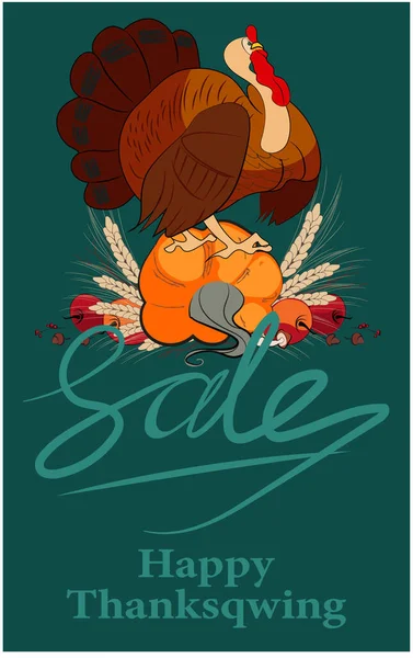 Happy Thanksgiving holiday vector design template for websites, posters, banners. Happy Thanksgiving with traditional food, turkey, pies, pumpkins and fruits. Vector website template