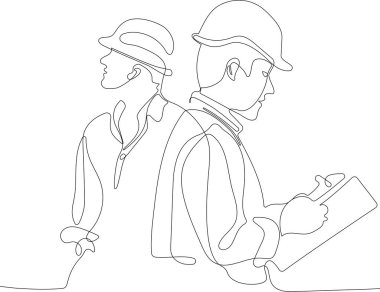 İnşaat müdürü ve mühendisi inşaat alanında çalışıyor. Vektör illüstrasyonu