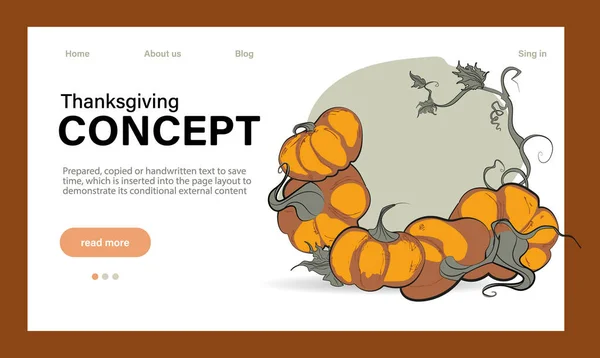 Happy Thanksgiving holiday vector design template for websites, posters, banners. Happy Thanksgiving with traditional food, turkey, pies, pumpkins and fruits. Vector website template