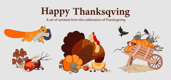 Happy Thanksgiving holiday vector design template for websites, posters, banners. Happy Thanksgiving with traditional food, turkey, pies, pumpkins and fruits. Vector website template