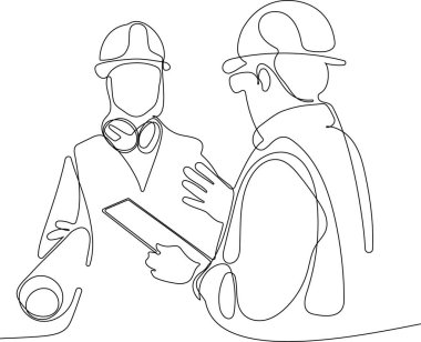 İnşaat müdürü ve mühendisi inşaat alanında çalışıyor. Vektör illüstrasyonu