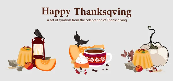 Happy Thanksgiving holiday vector design template for websites, posters, banners. Happy Thanksgiving with traditional food, turkey, pies, pumpkins and fruits. Vector website template