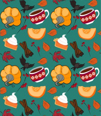 Deniz mavisi desenli sonbahar balkabakları. Akçaağaç yaprakları, ayçiçekleri, çiçekler. Sonbahar için mükemmel, Şükran Günü, tatiller, kumaş, tekstil. Kusursuz tekrarlama örneği. Vektör illüstrasyonu