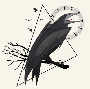 Uçan kuzgun çizimi. El çizimi illüstrasyon vektöre çevrildi. Vektör illüstrasyonu