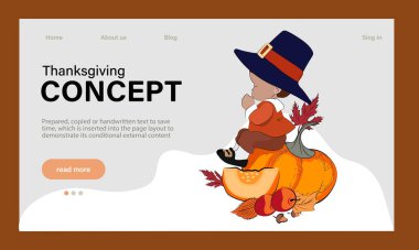 Web siteleri, posterler ve afişler için Şükran Günü vektör tasarım şablonu kutlu olsun. Geleneksel yemekler, hindi, turta, balkabağı ve meyvelerle mutlu Şükran Günleri. Vektör web sitesi şablonu