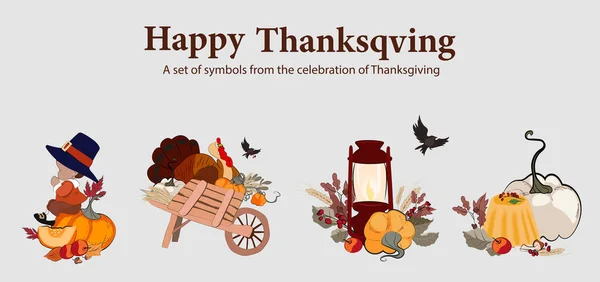 Happy Thanksgiving holiday vector design template for websites, posters, banners. Happy Thanksgiving with traditional food, turkey, pies, pumpkins and fruits. Vector website template