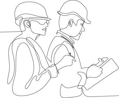 İnşaat müdürü ve mühendisi inşaat alanında çalışıyor. Vektör illüstrasyonu