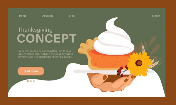 Happy Thanksgiving holiday vector design template for websites, posters, banners. Happy Thanksgiving with traditional food, turkey, pies, pumpkins and fruits. Vector website template