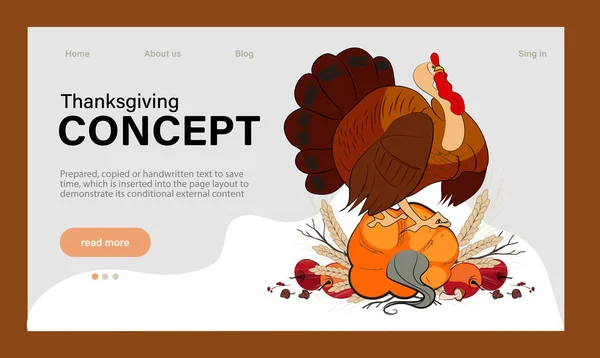 Happy Thanksgiving holiday vector design template for websites, posters, banners. Happy Thanksgiving with traditional food, turkey, pies, pumpkins and fruits. Vector website template