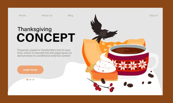 Happy Thanksgiving holiday vector design template for websites, posters, banners. Happy Thanksgiving with traditional food, turkey, pies, pumpkins and fruits. Vector website template