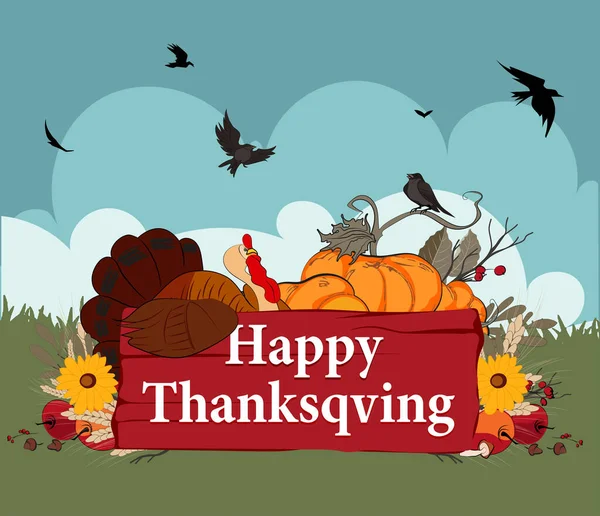 Happy Thanksgiving holiday vector design template for websites, posters, banners. Happy Thanksgiving with traditional food, turkey, pies, pumpkins and fruits. Vector website template