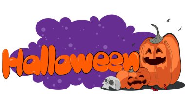 Cadılar Bayramı bayrağınız kutlu olsun ya da gece bulutları ve balkabaklarıyla parti geçmişiniz kutlu olsun. Vektör çizimi. Gökyüzünde dolunay, örümcek ağları ve uçan yarasalar. Metin için yer