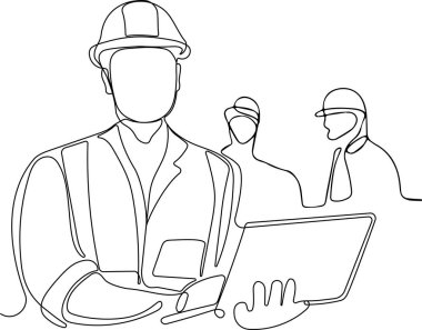 İnşaat müdürü ve mühendisi inşaat alanında çalışıyor. Vektör illüstrasyonu