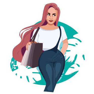 Alışveriş, satış, moda, satın alma konsepti. Butikte, alışveriş yaptıktan sonra bir sürü renkli alışveriş torbalarıyla çizilmiş kadın çizgi film karakterleri. Vektör illüstrasyonu