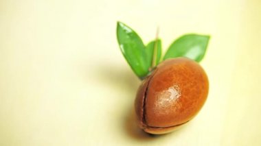 Ahşap arka planda yeşil yapraklı Argan fındığı. 