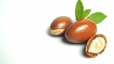 Beyaz arka planda yeşil yapraklı Argan fındıkları. 
