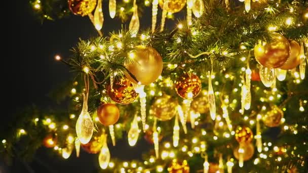 Κλείσε τα φώτα ενός χριστουγεννιάτικου δέντρου που λάμπουν τη νύχτα. Πρωτοχρονιάτικο έλατο με διακόσμηση και φωτισμό. Χριστουγεννιάτικο δέντρο διακοσμήσεις φόντο. Πολλές μεγάλες χρυσές μπάλες στο έλατο το νέο έτος και τα Χριστούγεννα — Αρχείο Βίντεο