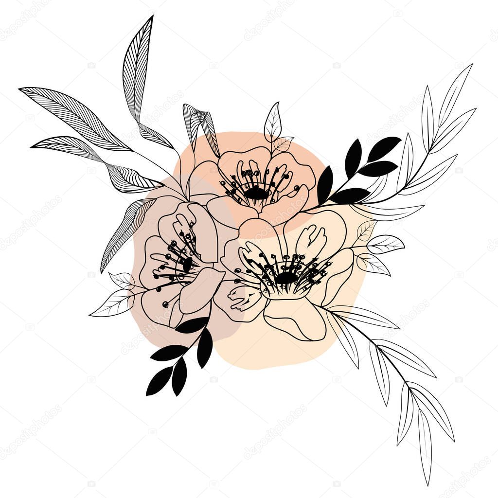 Stylized wild rose flowers and leaves drawn with lines and spots. Spring or summer design for background or invitation, wedding or greeting cards, Isolated on white background, vector illustration