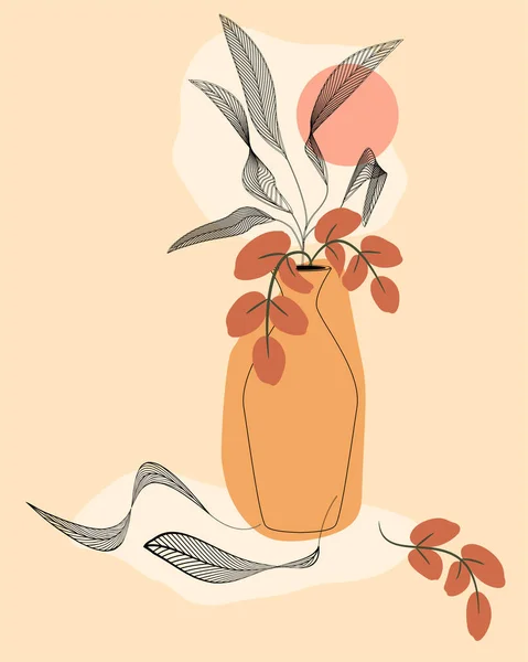 Stylized Bouquet Leaves Vase Drawn Lines Spots Autumn Design Background — ストックベクタ