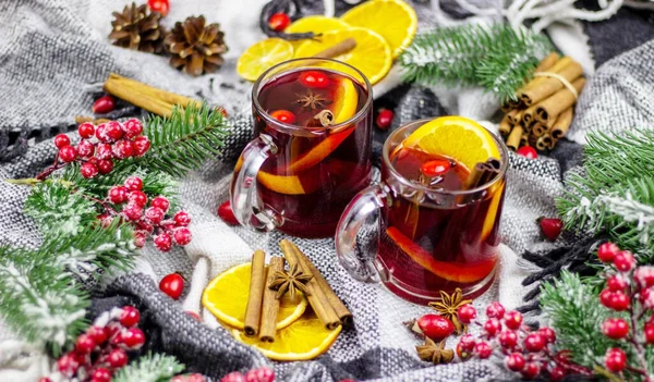 Hot Mulled Wine Wooden Table New Year Concept Christmas — Stock Photo, Image