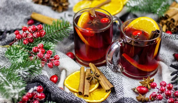 Hot Mulled Wine Wooden Table New Year Concept Christmas — Stock Photo, Image